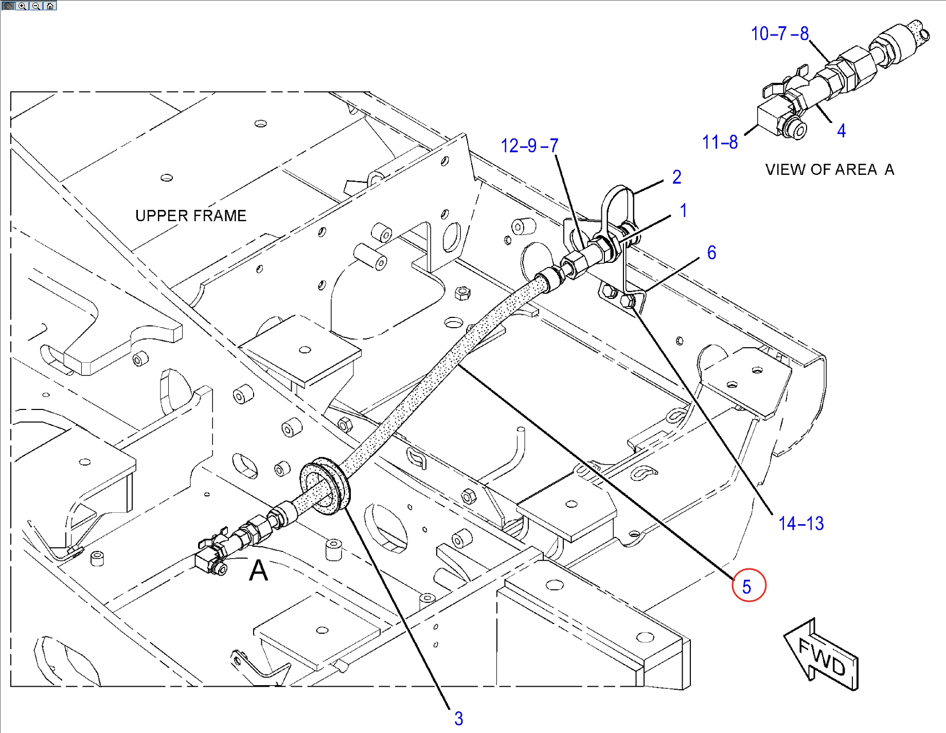 Caterpillar CAT®313F installation diagram showing hydraulic hose 351-3943 at Pipe No. 5