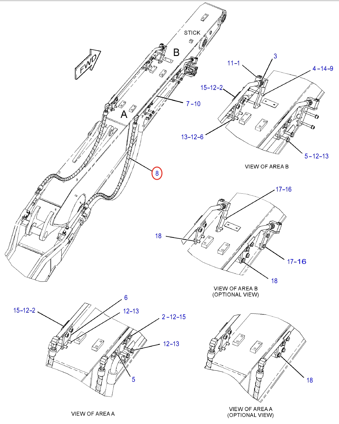 Caterpillar CAT®313F L installation diagram showing hydraulic hose 382-7076 at Pipe No. 8