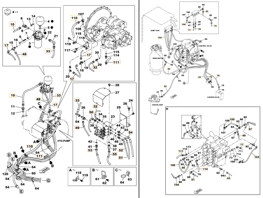 Case CX180B installation diagram showing hydraulic hose KHJ2581 at Pipe No. 50