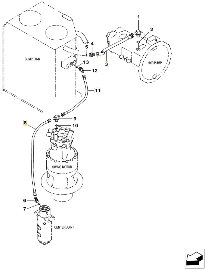 Case CX260C installation diagram showing hydraulic hose 163805A1 at Pipe No. 8