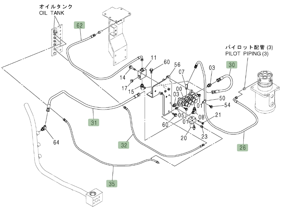 Hitachi ZX450LC installation diagram showing hydraulic hose 4459252 at Pipe No. 35