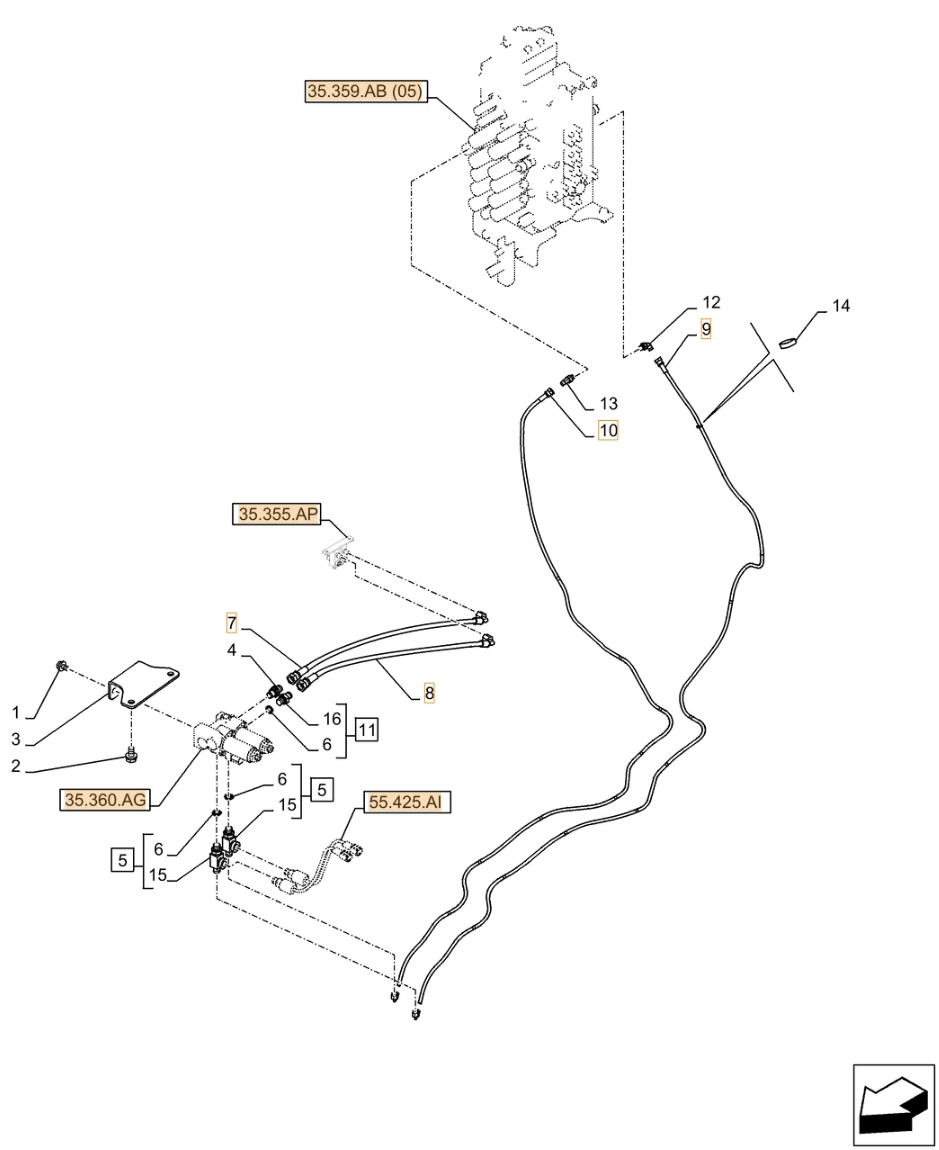 Case CX370D NLC installation diagram showing hydraulic hose KHJ2089 at Pipe No. 7