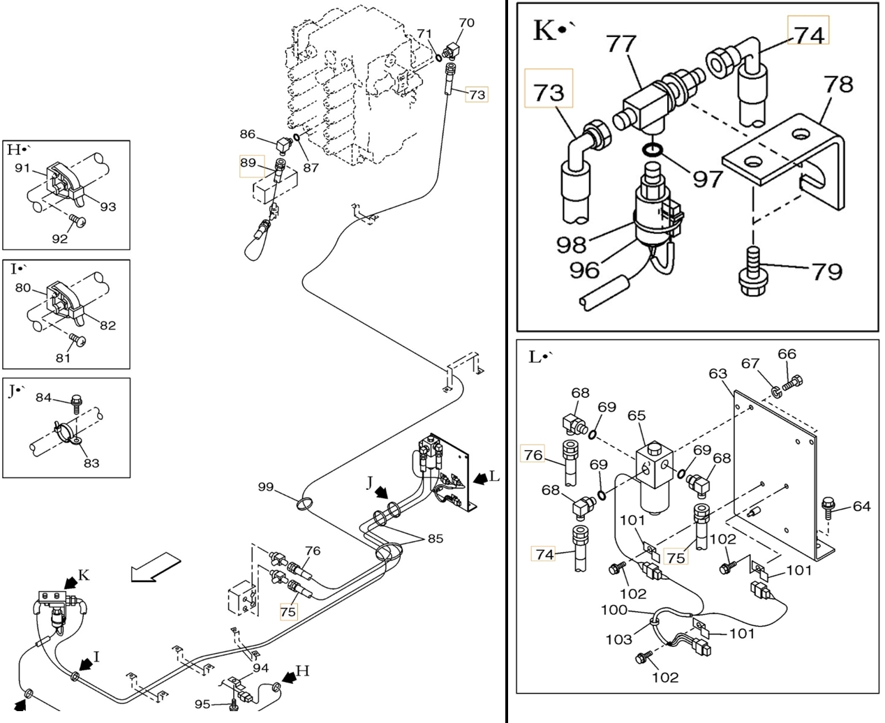 Case CX700 installation diagram showing hydraulic hose 159009A1 at Pipe No. 74