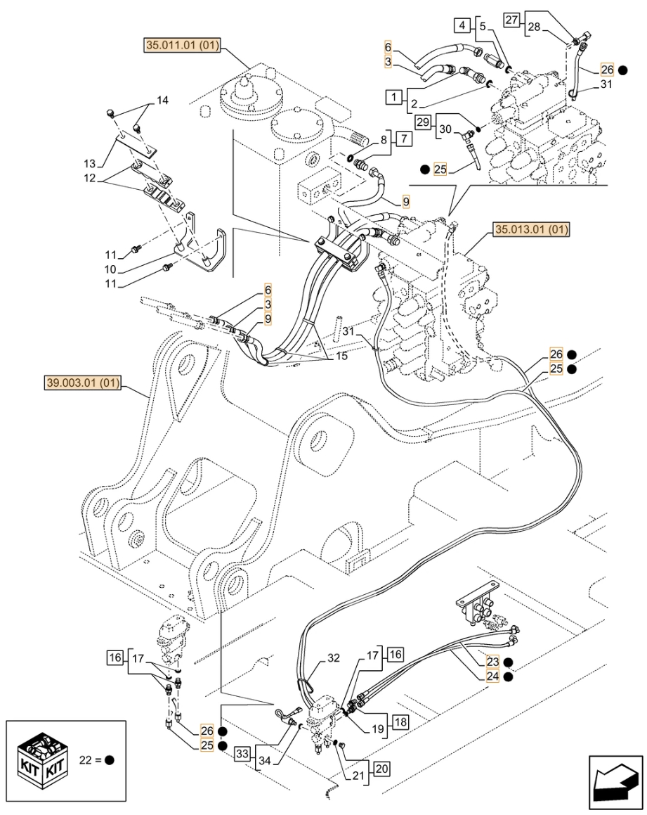 Case CX130C installation diagram showing hydraulic hose KHJ2089 at Pipe No. 23