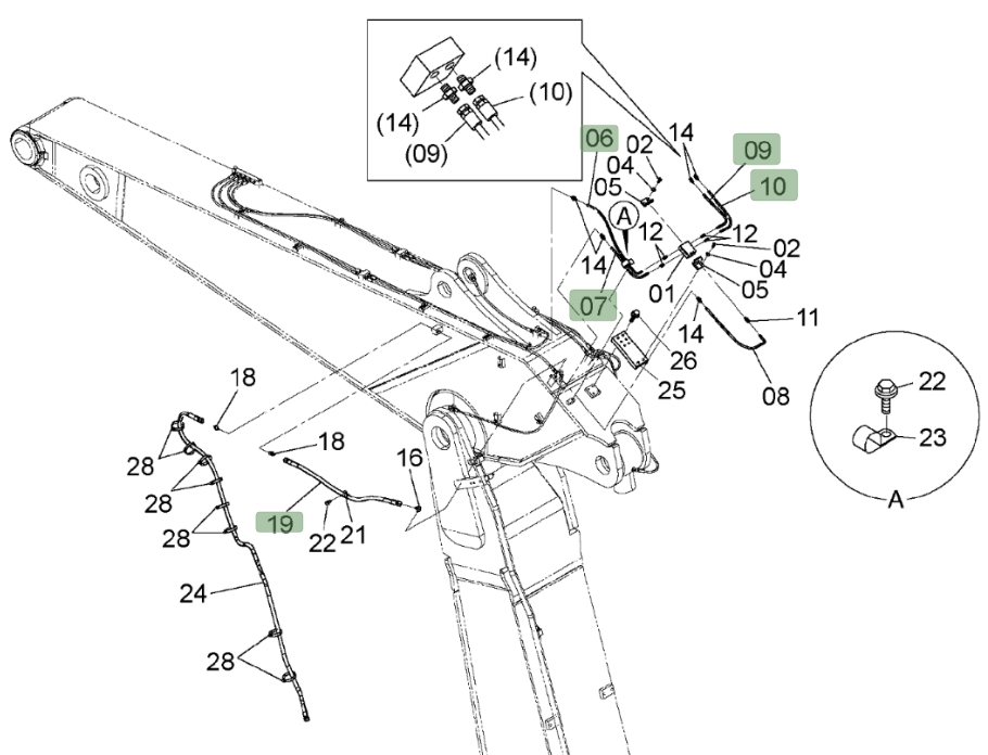 Hitachi ZX450LC-3 installation diagram showing hydraulic hose 4306085 at Pipe No. 19