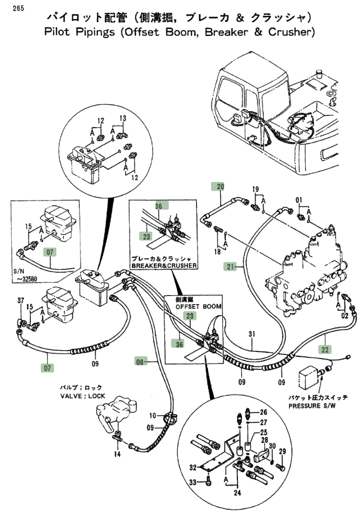 Hitachi EX100-2 installation diagram showing hydraulic hose 4297977 at Pipe No. 22