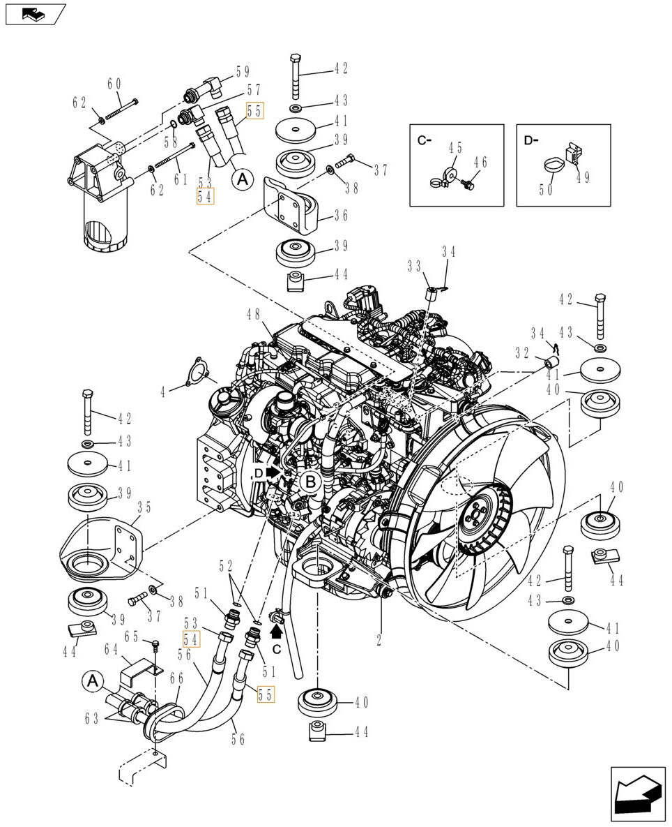 Case CX160C installation diagram showing hydraulic hose KLH10210 at Pipe No. 54