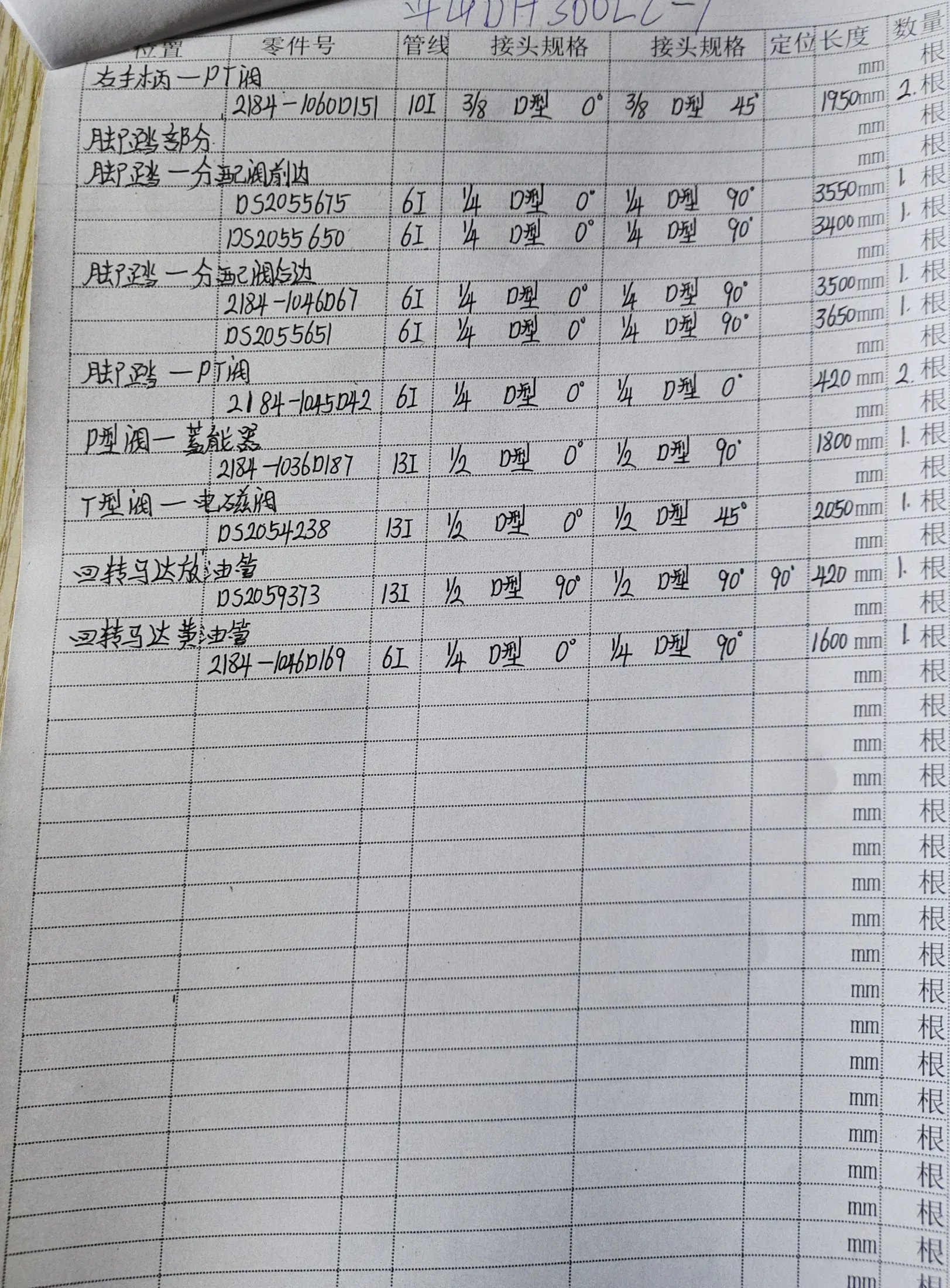 Doosan DH300LC-7 hydraulic hose part numbers and recorded lengths — technician notebook page 5 of 5