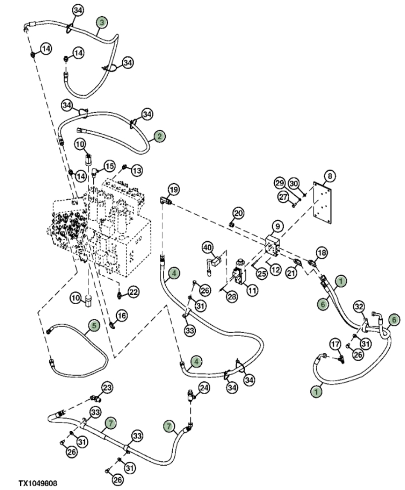 Hitachi ZXS370F-3 installation diagram showing hydraulic hose FF103252 at Pipe No. 1