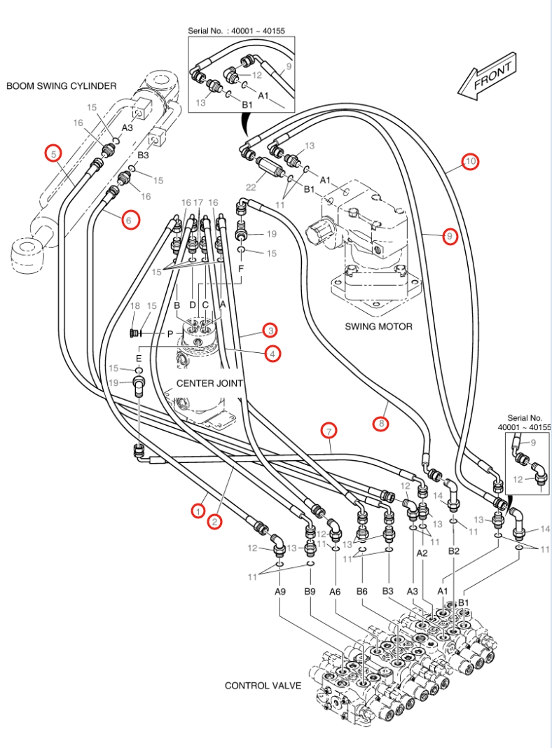 Doosan DX18 installation diagram showing hydraulic hose DS2058207 at Pipe No. 2