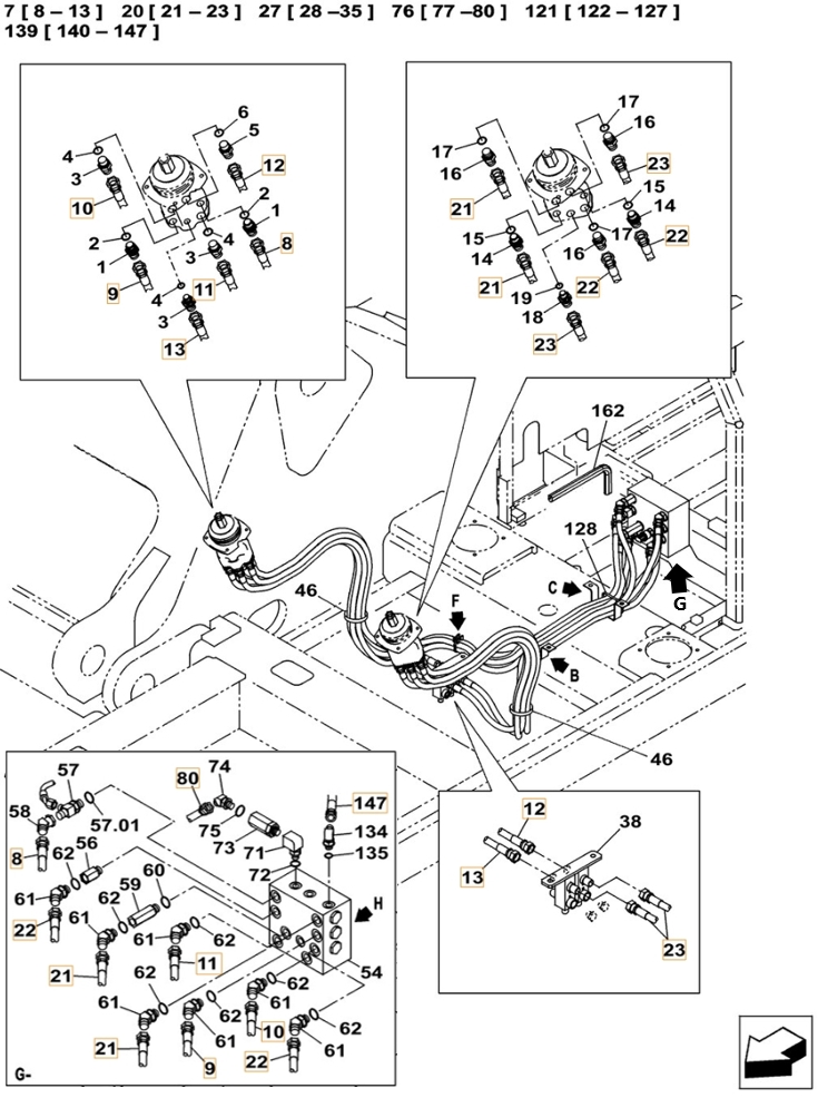 Case CX370C installation diagram showing hydraulic hose 159213A1 at Pipe No. 23