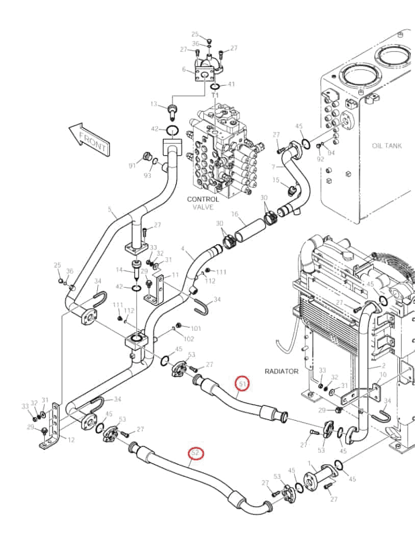 Doosan DX140LC installation diagram showing hydraulic hose DS2038221 at Pipe No. 51