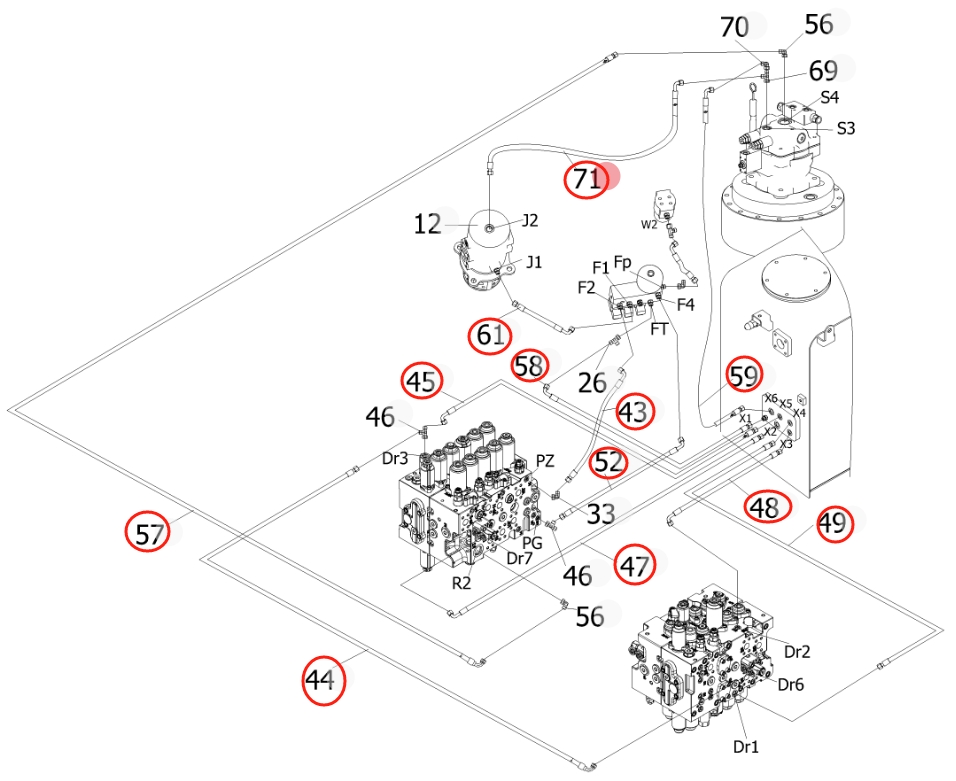 Sunward SWE205E-3H installation diagram showing hydraulic hose 730502003778 at Pipe No. 44