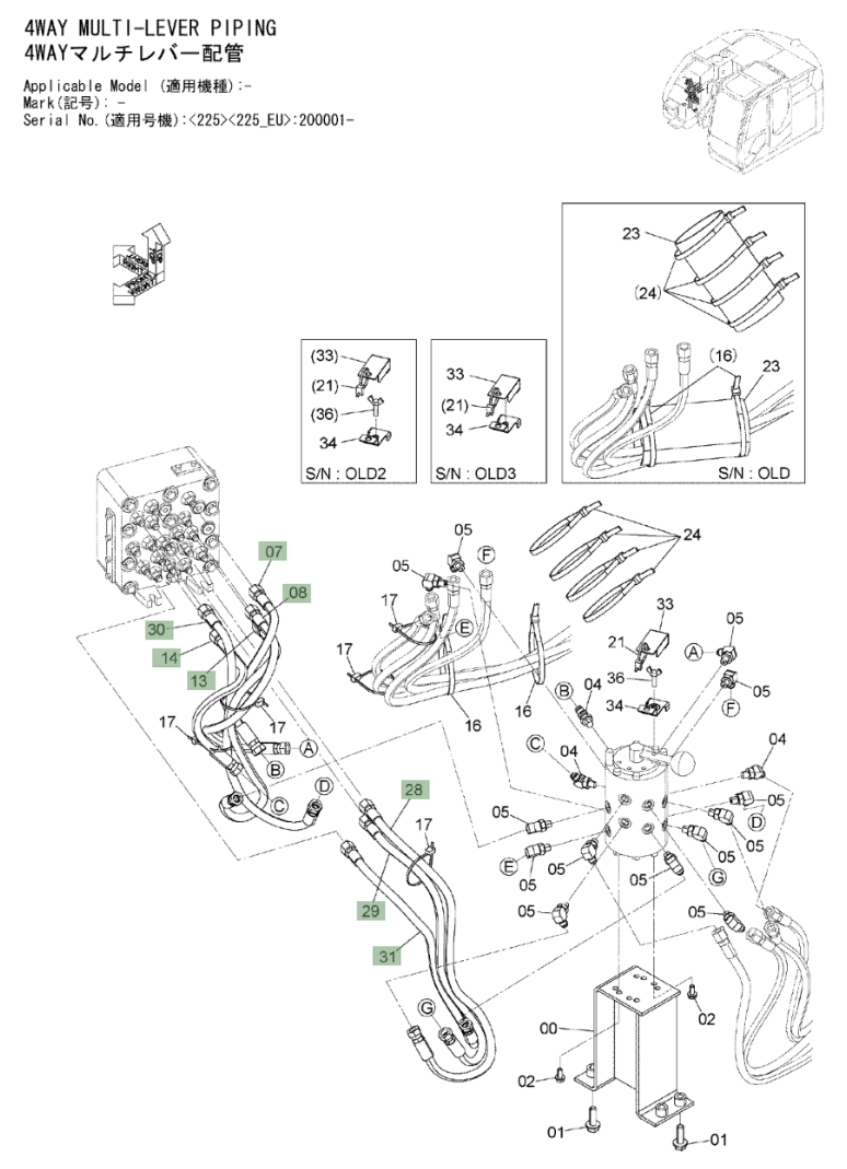 Hitachi ZX225US-3 installation diagram showing hydraulic hose 4665980 at Pipe No. 28A