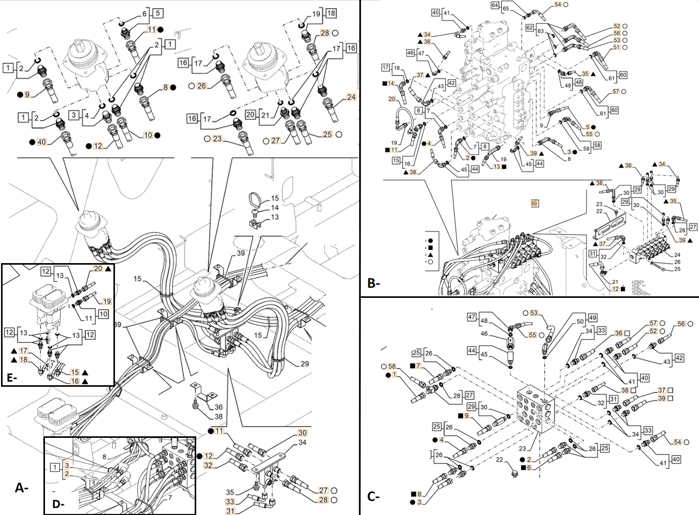 Case CX250E LC installation diagram showing hydraulic hose KHJ14330 at Pipe No. C58-B57