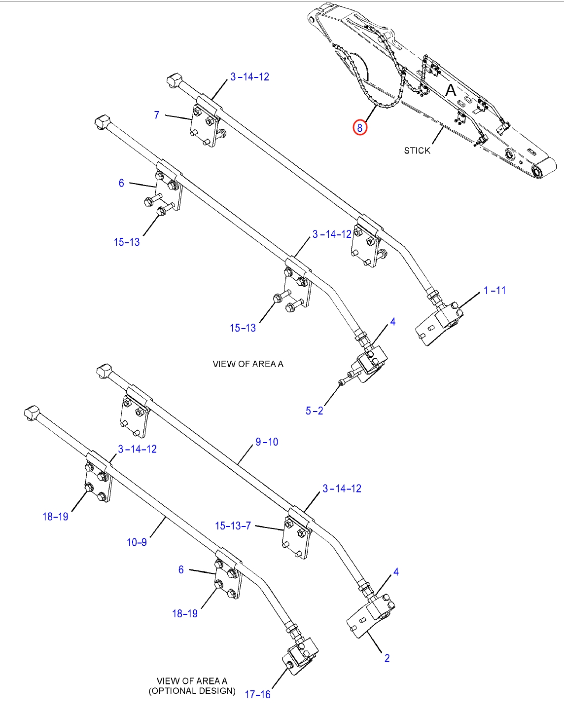 Caterpillar CAT®312E installation diagram showing hydraulic hose 372-9830 at Pipe No. 8