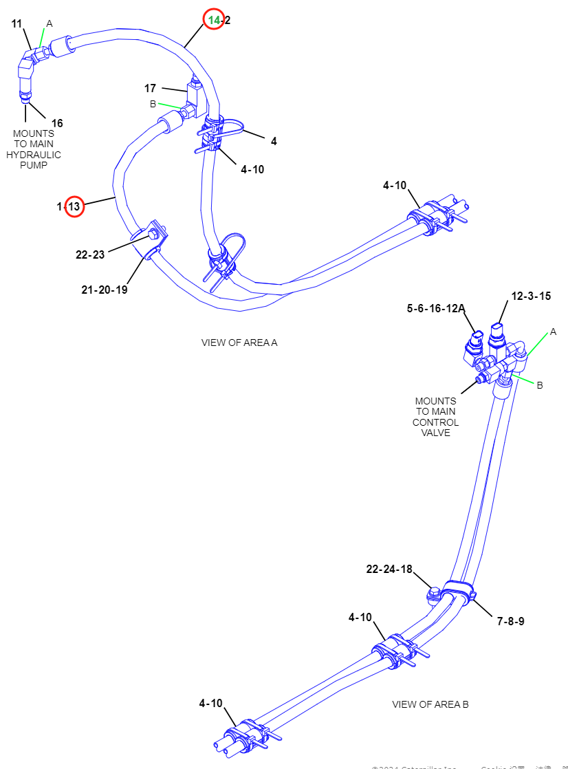 Caterpillar CAT®314F CR installation diagram showing hydraulic hose 477-0623 at Pipe No. 13