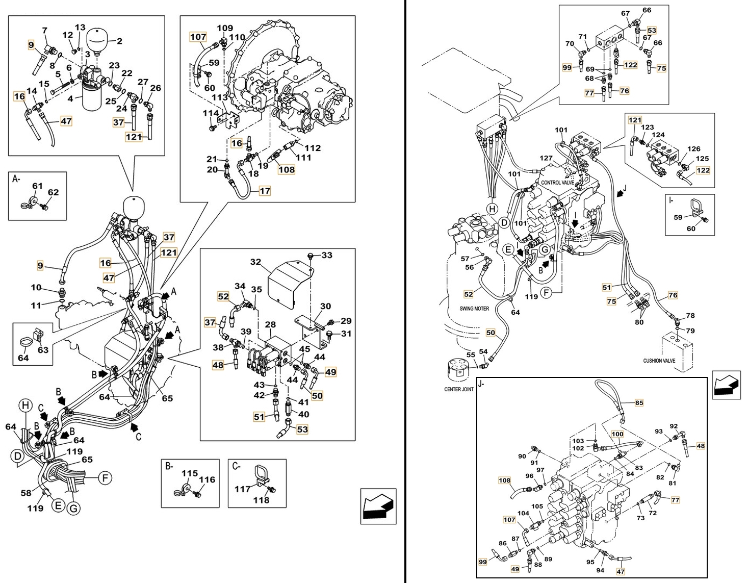 Case CX180C installation diagram showing hydraulic hose KHJ2067 at Pipe No. 76