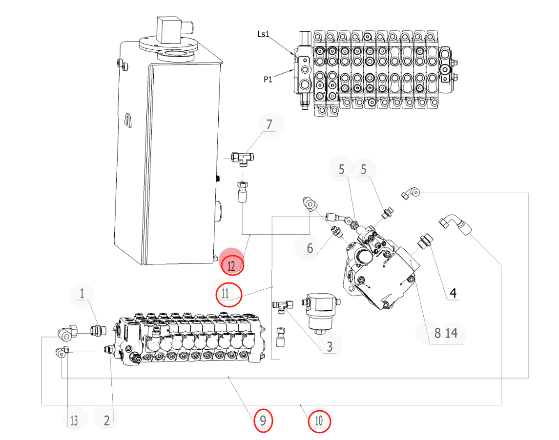 Sunward SWE25UF installation diagram showing hydraulic hose 730503001553 at Pipe No. 9