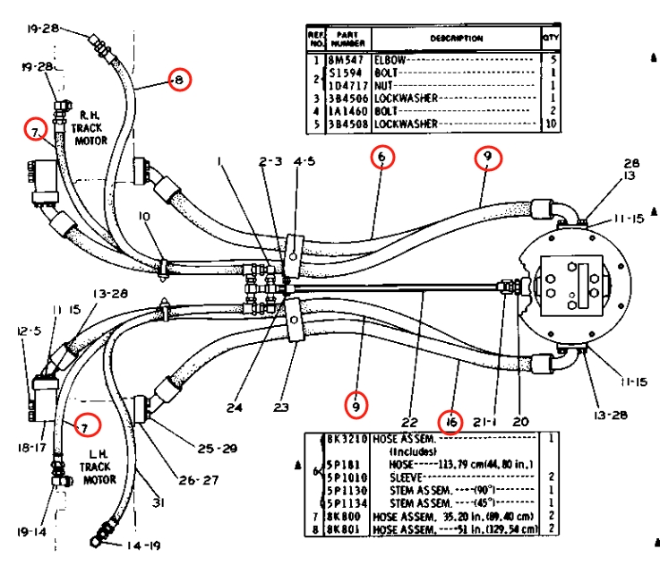 Caterpillar CAT®225 installation diagram showing hydraulic hose 8K-0800 at Pipe No. 7