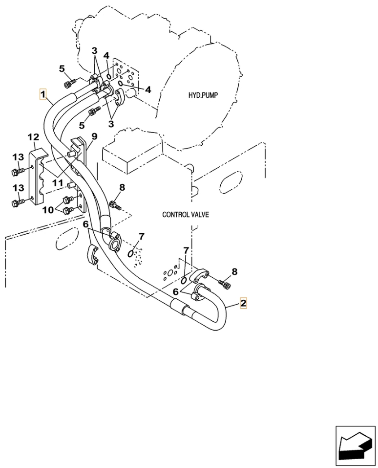 Case CX240C installation diagram showing hydraulic hose KRJ16320 at Pipe No. 1