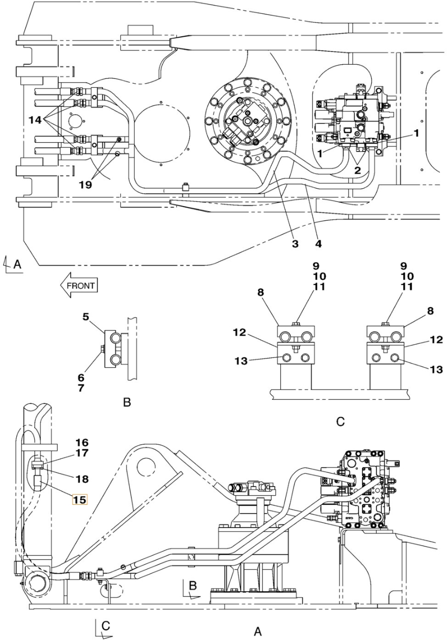 Case CX330 installation diagram showing hydraulic hose KSJ2683 at Pipe No. 15