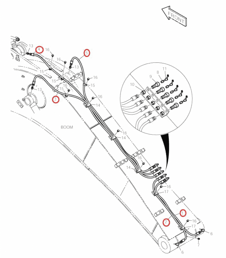 Doosan DX160LC installation diagram showing hydraulic hose DS2053929 at Pipe No. 5