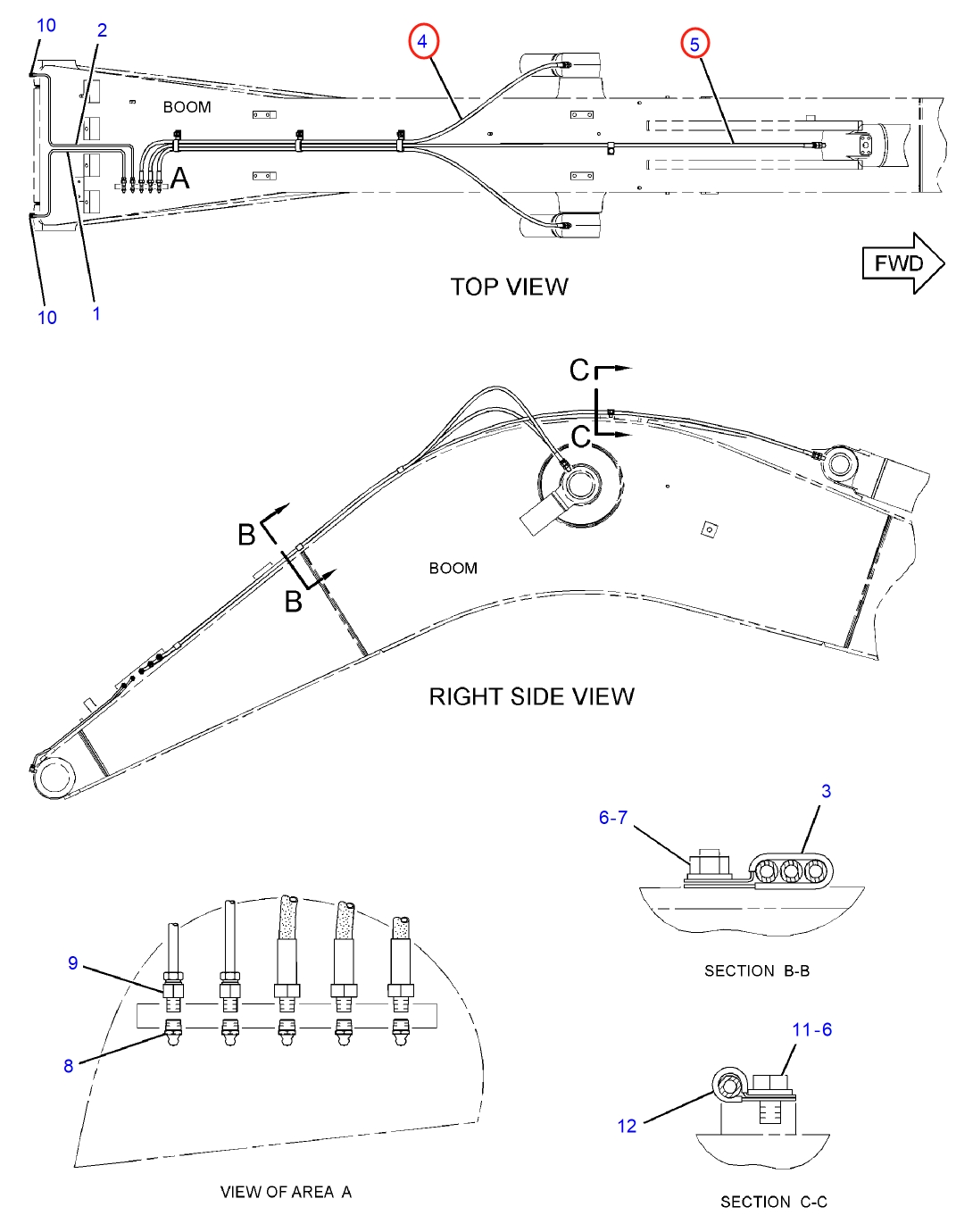 Caterpillar CAT®312C L installation diagram showing hydraulic hose 121-8659 at Pipe No. 4