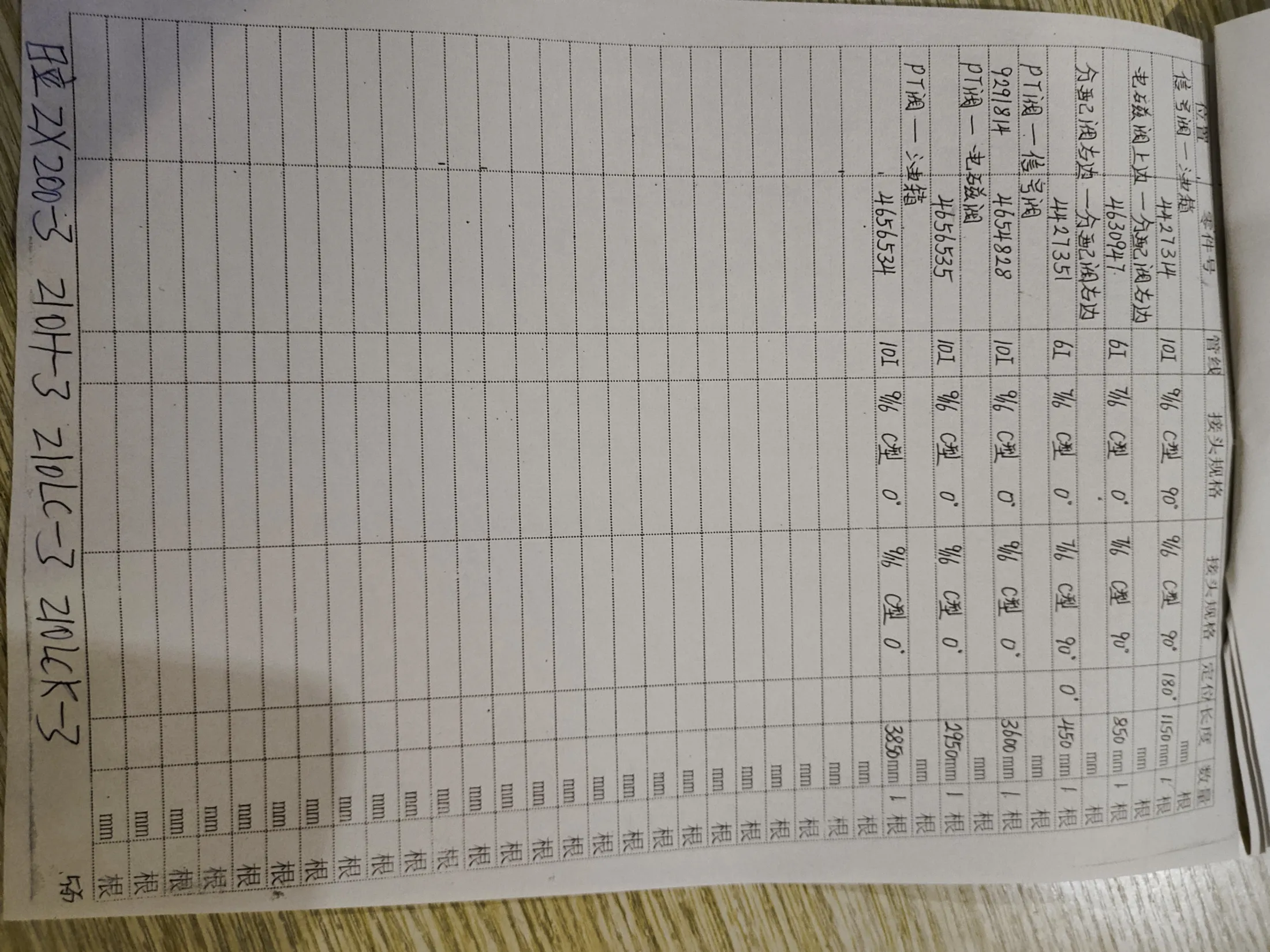 Hitachi ZX200-3 hydraulic hose part numbers and recorded lengths — technician notebook page 10 of 10