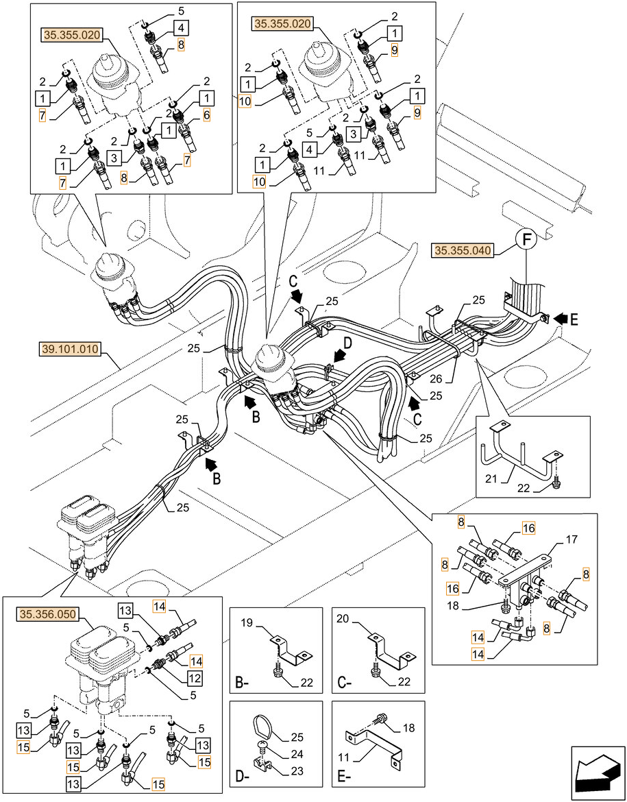 Case CX290D LC MH installation diagram showing hydraulic hose KHJ2093 at Pipe No. 14