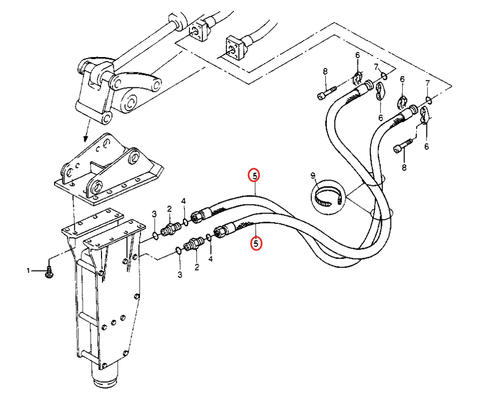 Caterpillar CAT®211B installation diagram showing hydraulic hose 8U-6492 at Pipe No. 5
