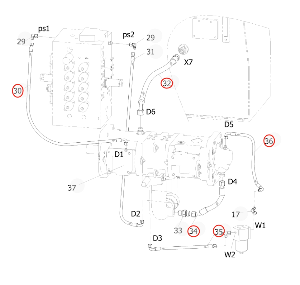 Sunward SWE215F-5 installation diagram showing hydraulic hose 730502005275 at Pipe No. 32