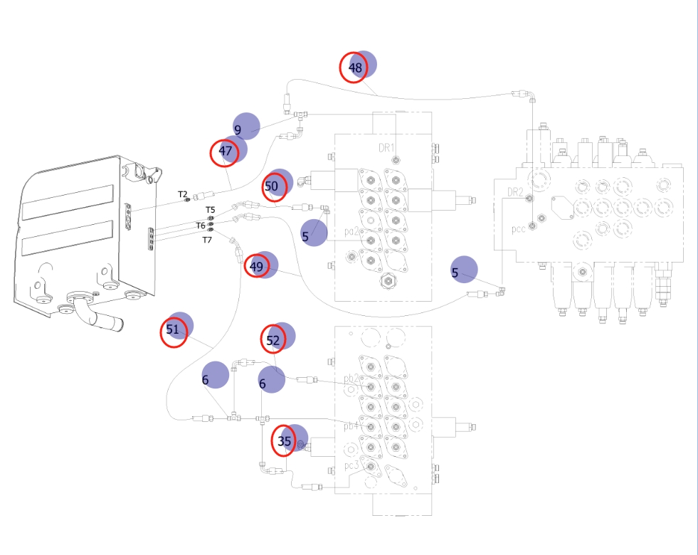 Sunward SWE155E installation diagram showing hydraulic hose 73050200A079 at Pipe No. 52