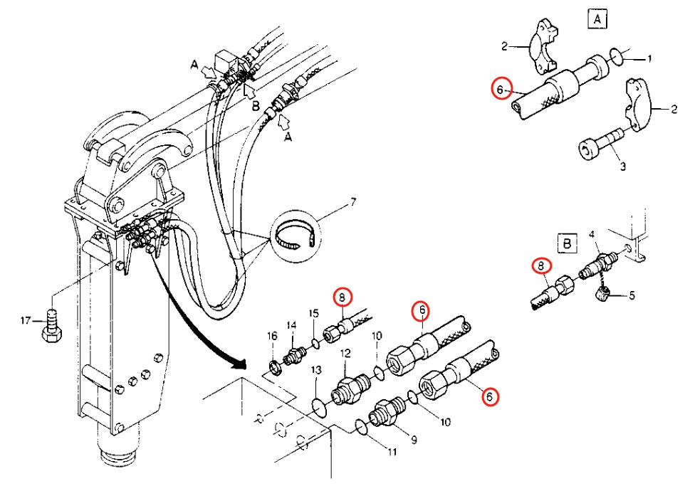 Caterpillar CAT®214B installation diagram showing hydraulic hose 8U-2130 at Pipe No. 6