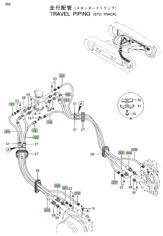 Hitachi EX230LC-5 installation diagram showing hydraulic hose 4258301 at Pipe No. 1