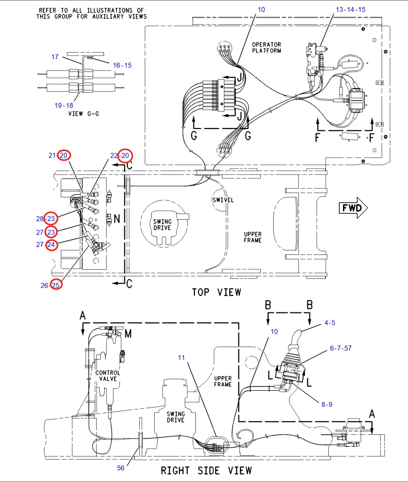 Caterpillar CAT®317B L installation diagram showing hydraulic hose 4I-6233 at Pipe No. 24