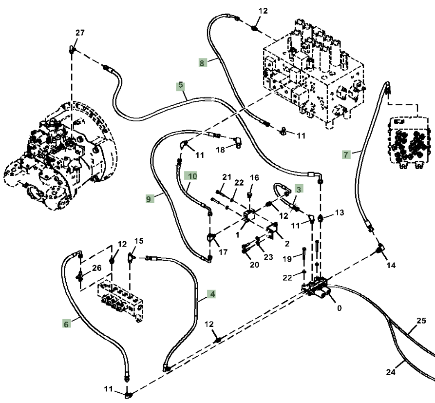 Hitachi ZX210LC-5N installation diagram showing hydraulic hose 4249348 at Pipe No. 9