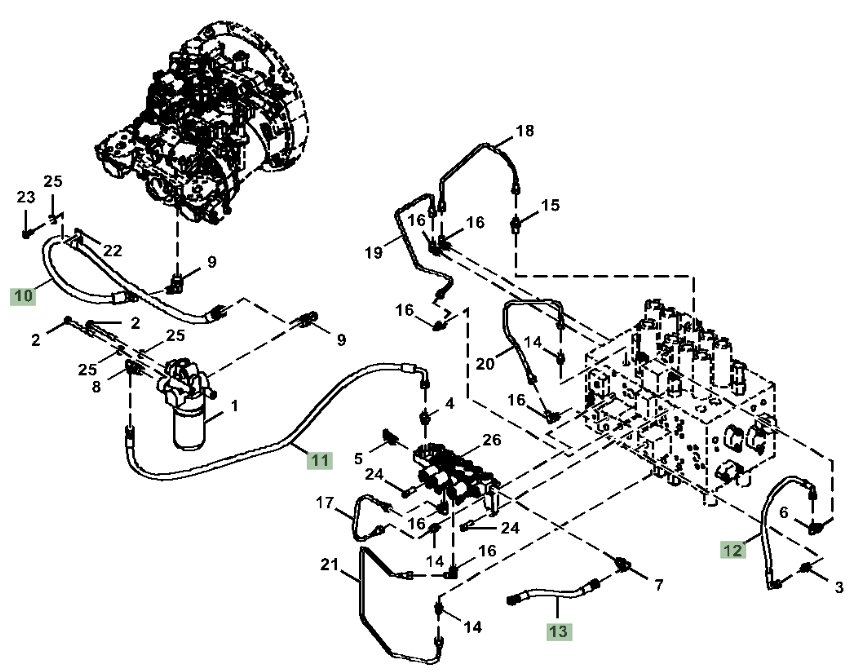 Hitachi ZX210-5A installation diagram showing hydraulic hose 4304470 at Pipe No. 10