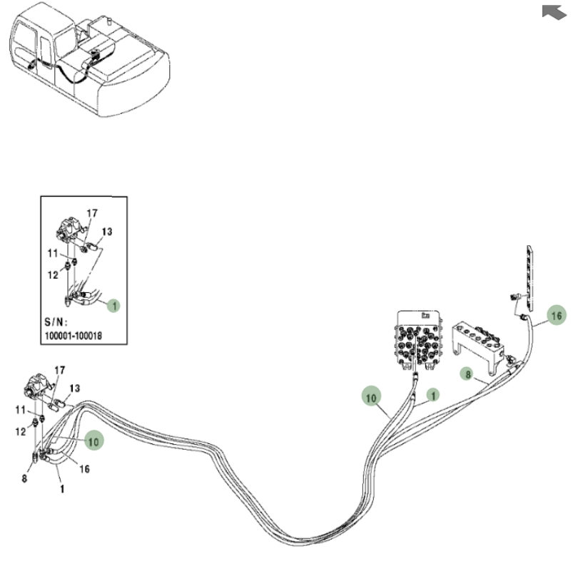 Hitachi ZX250F installation diagram showing hydraulic hose 4465617 at Pipe No. 1