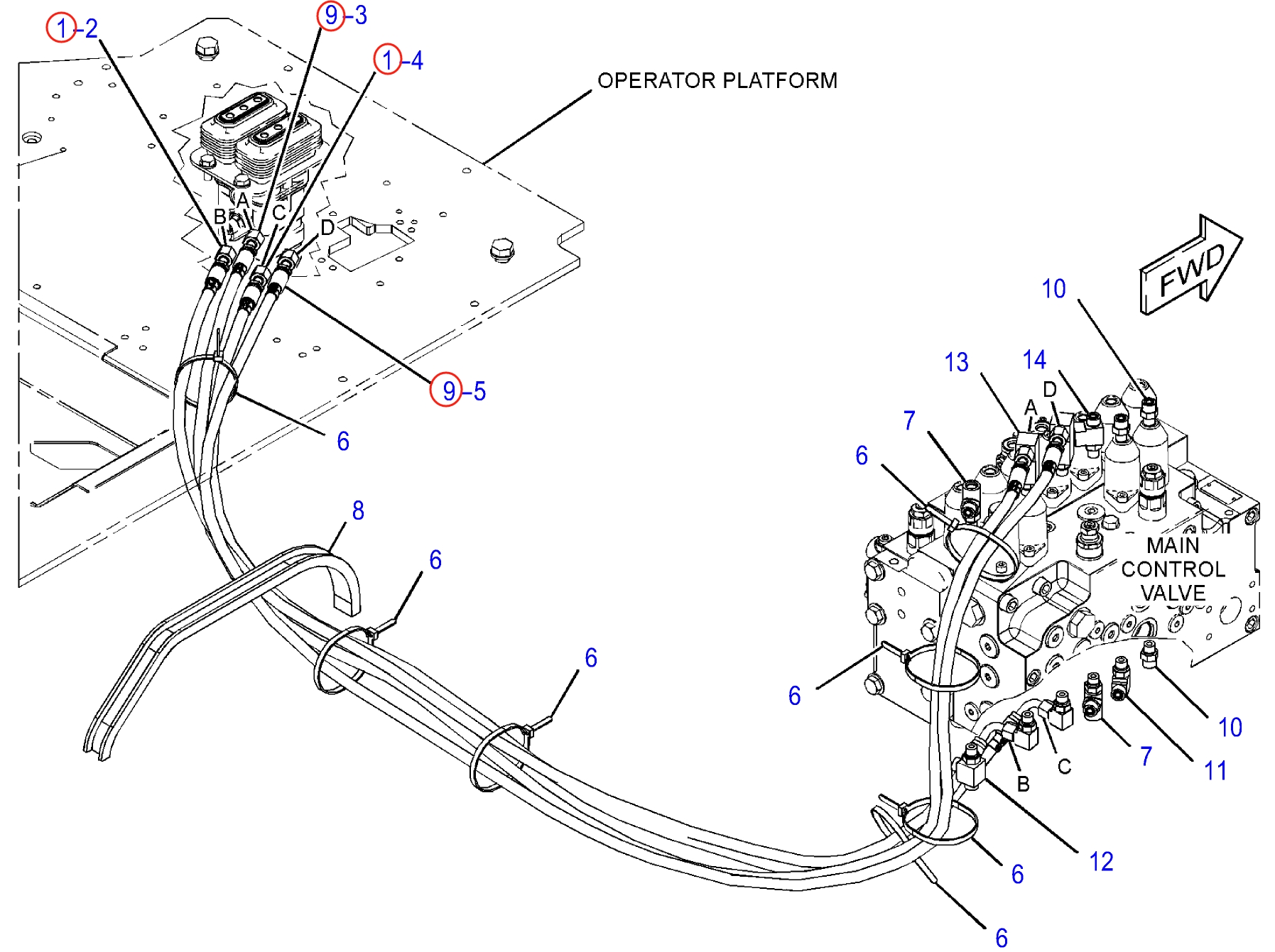 Caterpillar CAT®314E LCR installation diagram showing hydraulic hose 292-7419 at Pipe No. 9