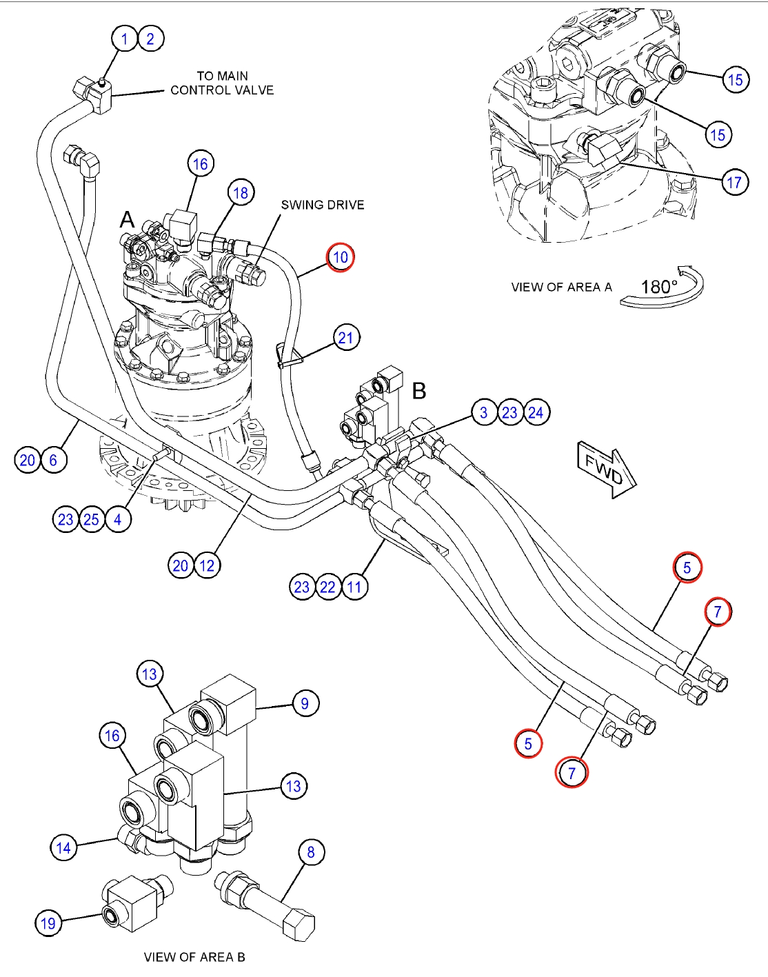 Caterpillar CAT®313D2-GC installation diagram showing hydraulic hose 187-7173 at Pipe No. 7