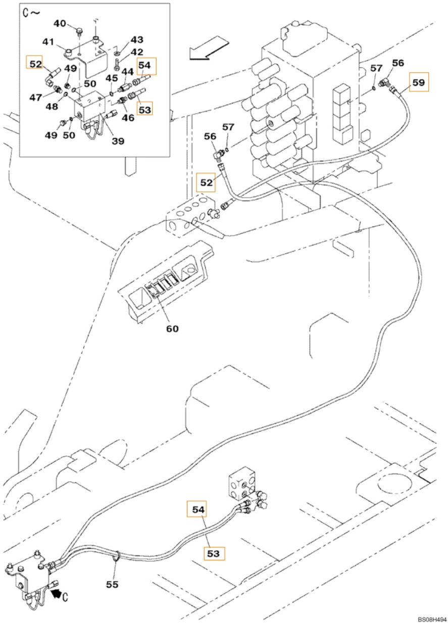 Case CX470B installation diagram showing hydraulic hose KHJ13650 at Pipe No. 53
