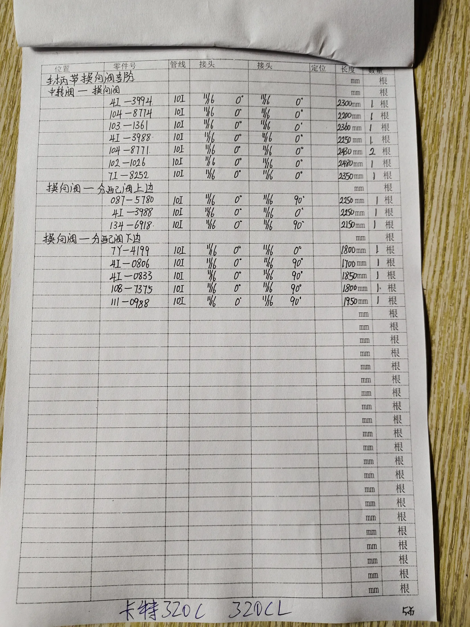 Caterpillar 320C hydraulic hose part numbers and recorded lengths — technician notebook page 5 of 5 — recorded hose parts 4I-080