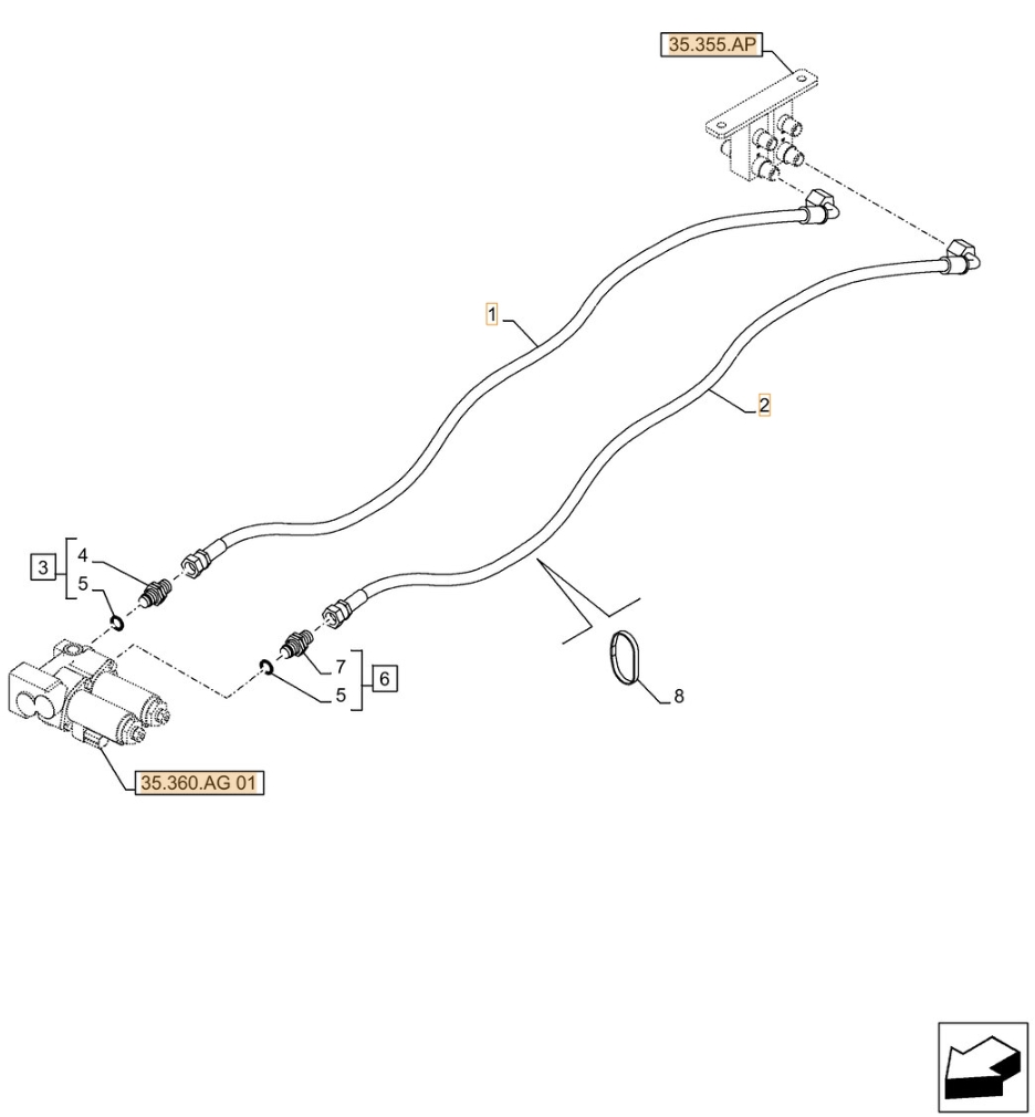 Case CX490D RTC installation diagram showing hydraulic hose KHJ2088 at Pipe No. 2