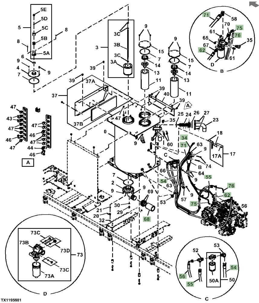 Hitachi ZX870LC-5A installation diagram showing hydraulic hose 4702359 at Pipe No. 55