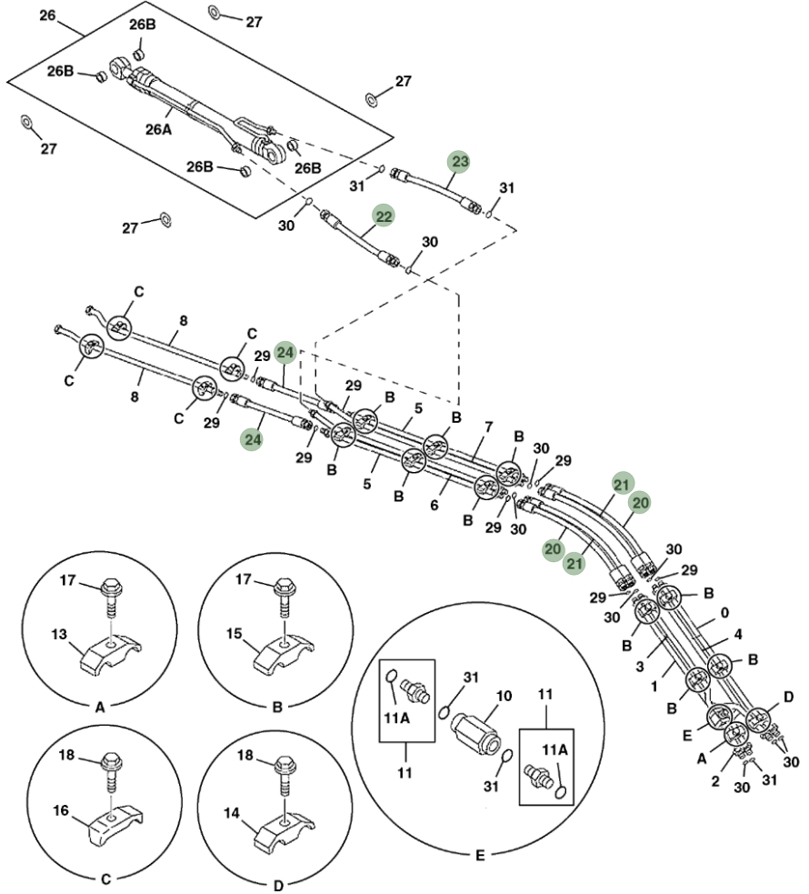 Hitachi ZX350LC-5N installation diagram showing hydraulic hose 4659685 at Pipe No. 21