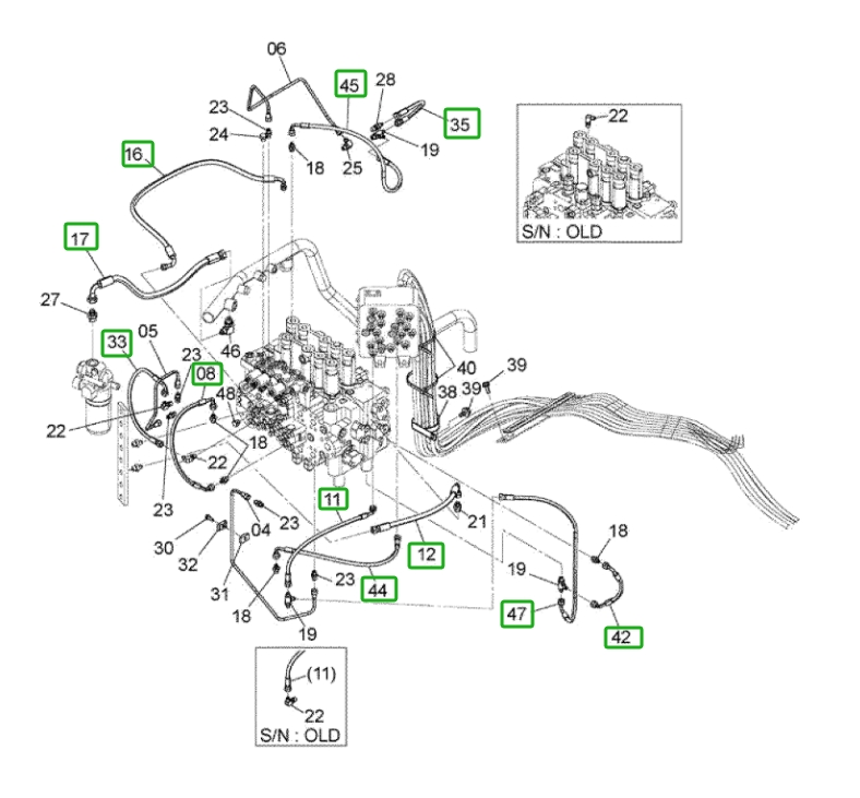 Hitachi ZX160LC-3 installation diagram showing hydraulic hose 4630949 at Pipe No. 44
