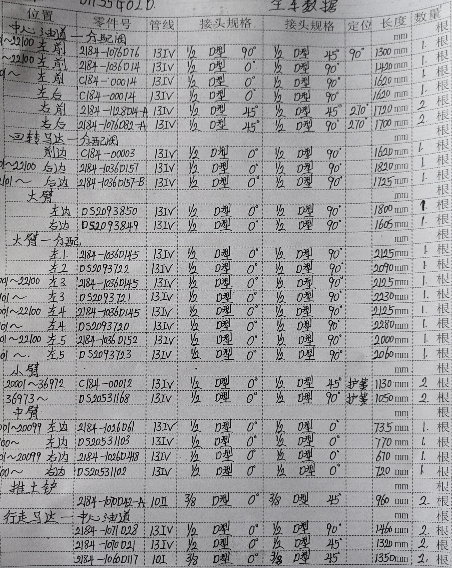 Doosan DH55GOLD hydraulic hose part numbers and recorded lengths — technician notebook page 1 of 4