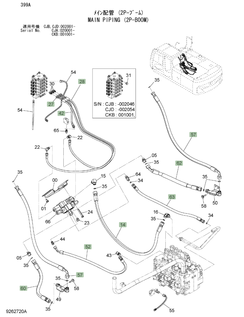 Hitachi ZX220W-3 installation diagram showing hydraulic hose 4286267 at Pipe No. 60