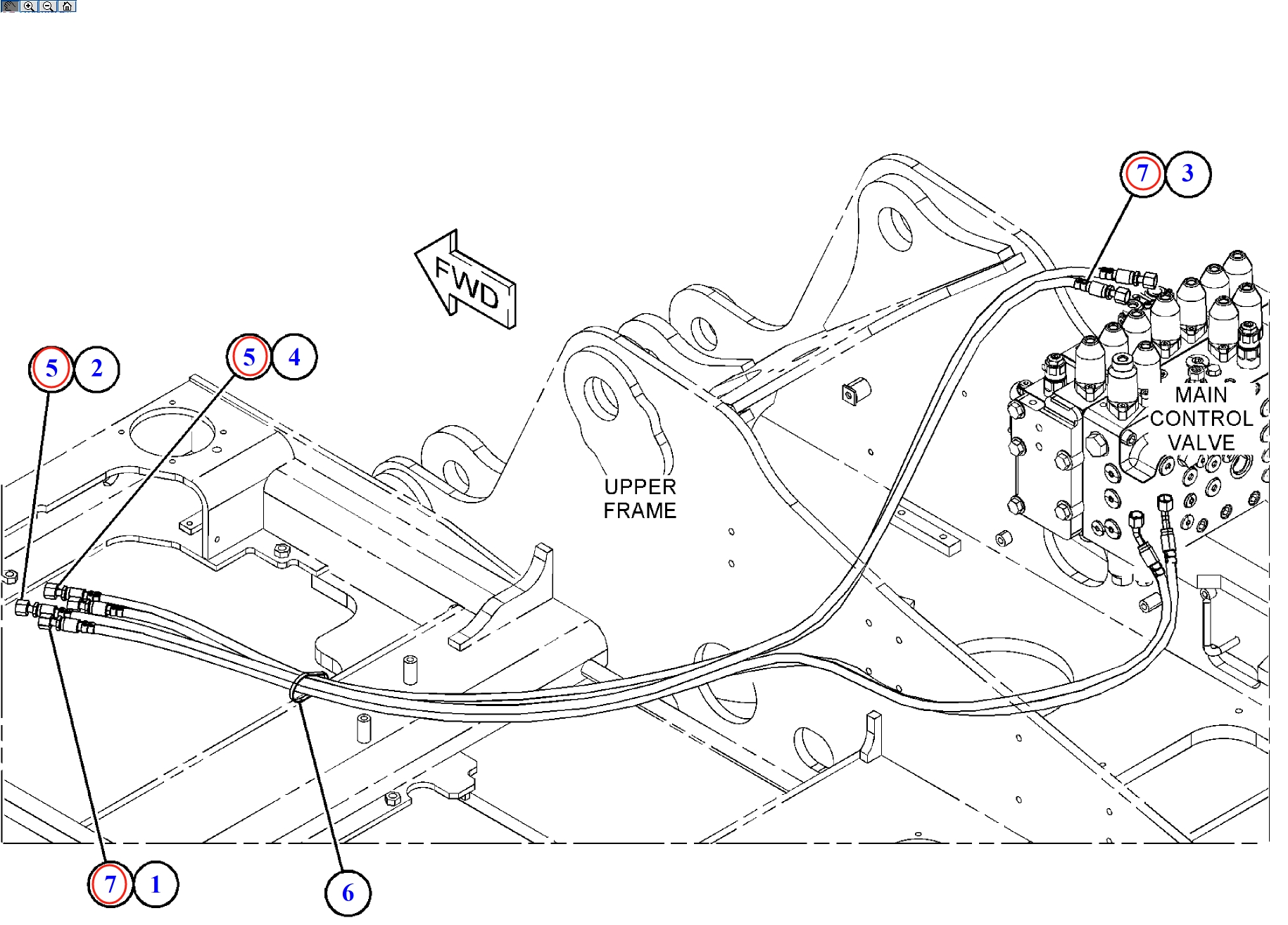 Caterpillar CAT®313F installation diagram showing hydraulic hose 7I-8252 at Pipe No. 5